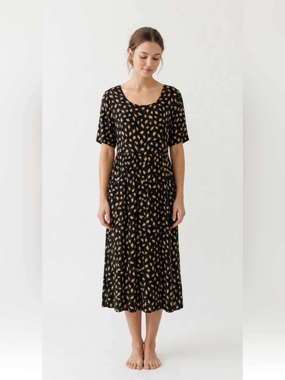 Vintage Sunshine Starshine Dress Midi Black Brown Abstract Casual 12